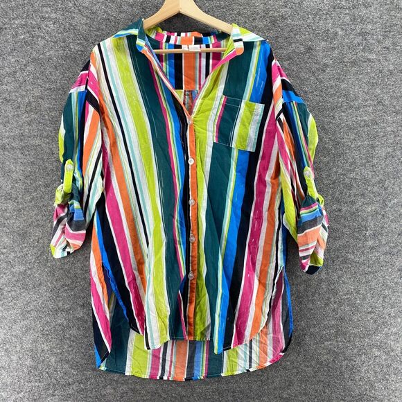 Anne Cole Shirt Women M Medium Blue Striped Button Up Collared 3/4 Sleeve Cotton - Picture 1 of 6